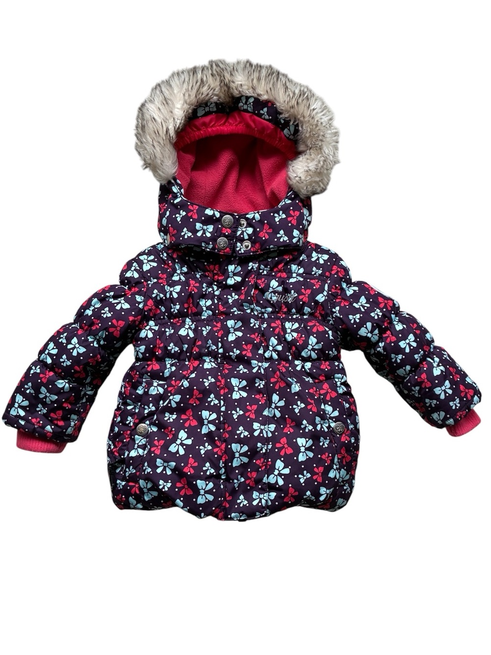 Gusti Girls' Purple Bow Print Hooded Puffer Jacket Size 12M